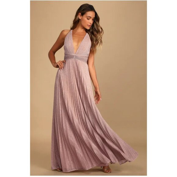 Lulus Especially Stunning Blush Pink Sparkly Pleated Maxi Prom Dress Size Medium - Picture 1 of 12
